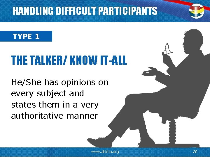 HANDLING DIFFICULT PARTICIPANTS TYPE 1 THE TALKER/ KNOW IT-ALL He/She has opinions on every