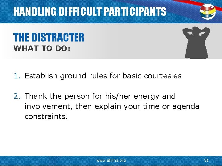 HANDLING DIFFICULT PARTICIPANTS THE DISTRACTER WHAT TO DO: 1. Establish ground rules for basic