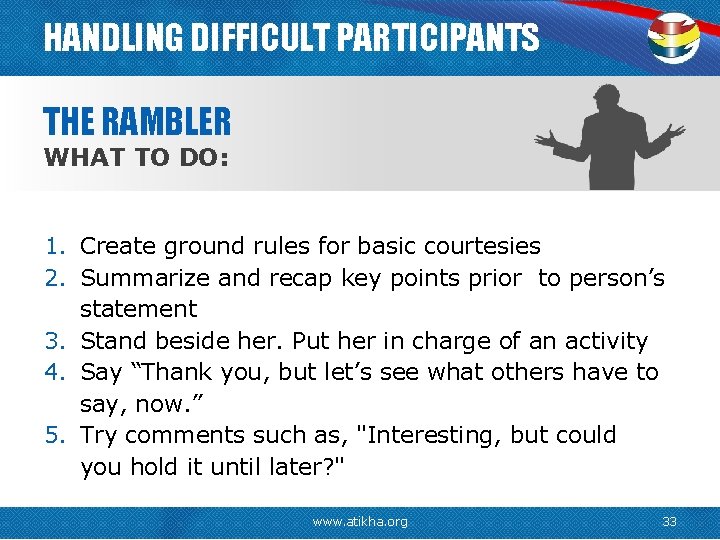 HANDLING DIFFICULT PARTICIPANTS THE RAMBLER WHAT TO DO: 1. Create ground rules for basic