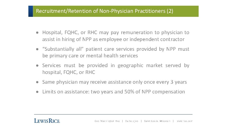 Recruitment/Retention of Non-Physician Practitioners (2) · Hospital, FQHC, or RHC may pay remuneration to