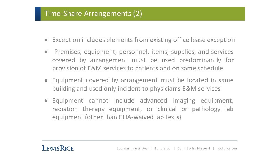 Time-Share Arrangements (2) · Exception includes elements from existing office lease exception · Premises,