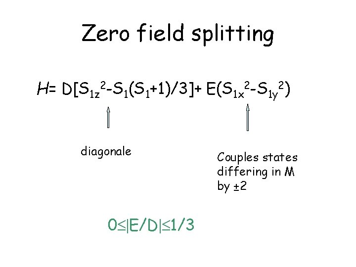 Zero field splitting H= D[S 1 z 2 -S 1(S 1+1)/3]+ E(S 1 x