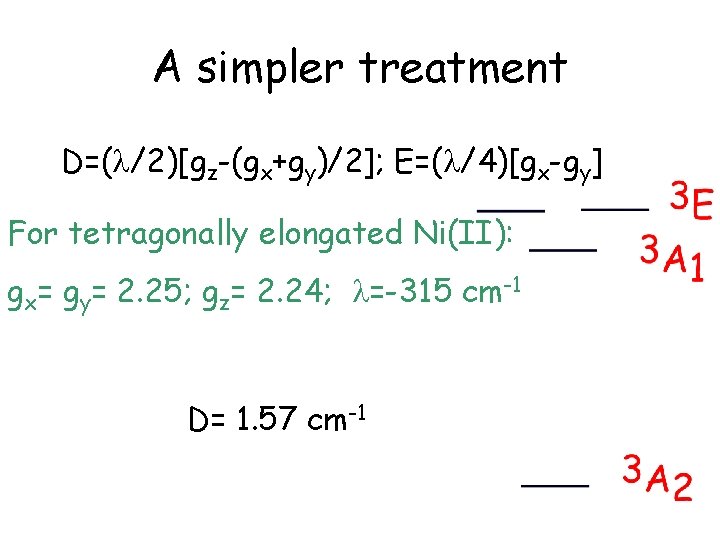 A simpler treatment D=( /2)[gz-(gx+gy)/2]; E=( /4)[gx-gy] For tetragonally elongated Ni(II): gx= gy= 2.