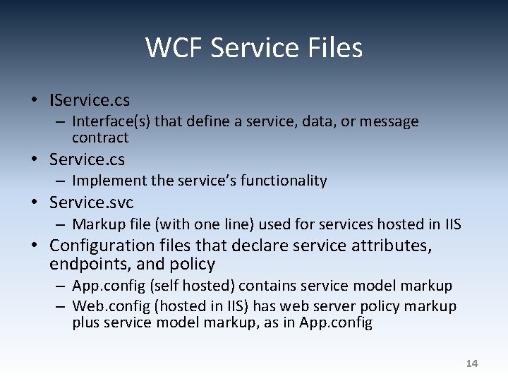 WCF Service Files • IService. cs – Interface(s) that define a service, data, or