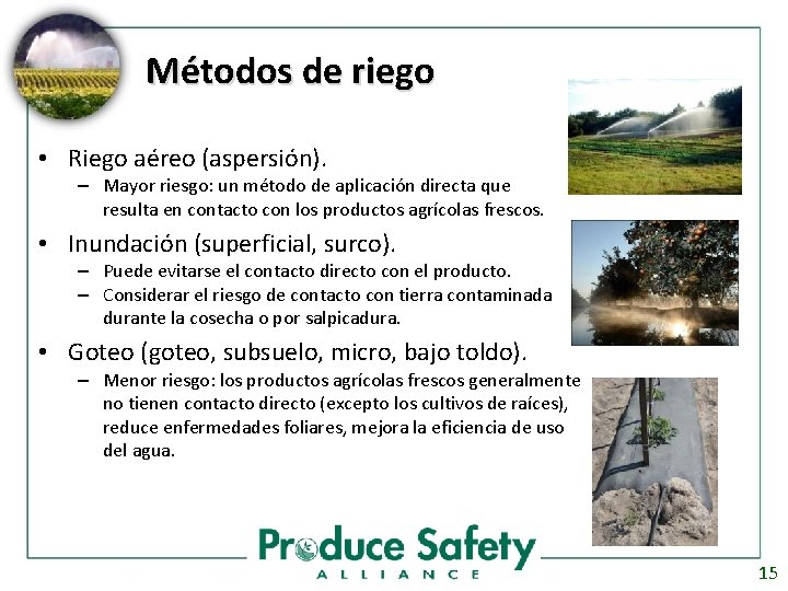 Métodos de riego • Riego aéreo (aspersión). – Mayor riesgo: un método de aplicación