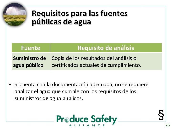 Requisitos para las fuentes públicas de agua Fuente Requisito de análisis Suministro de Copia