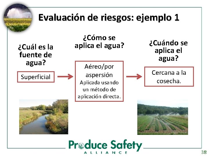Evaluación de riesgos: ejemplo 1 ¿Cuál es la fuente de agua? Superficial ¿Cómo se