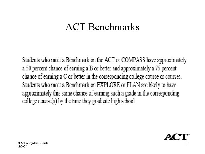 ACT Benchmarks PLAN Interpretive Visuals 11/2007 11 