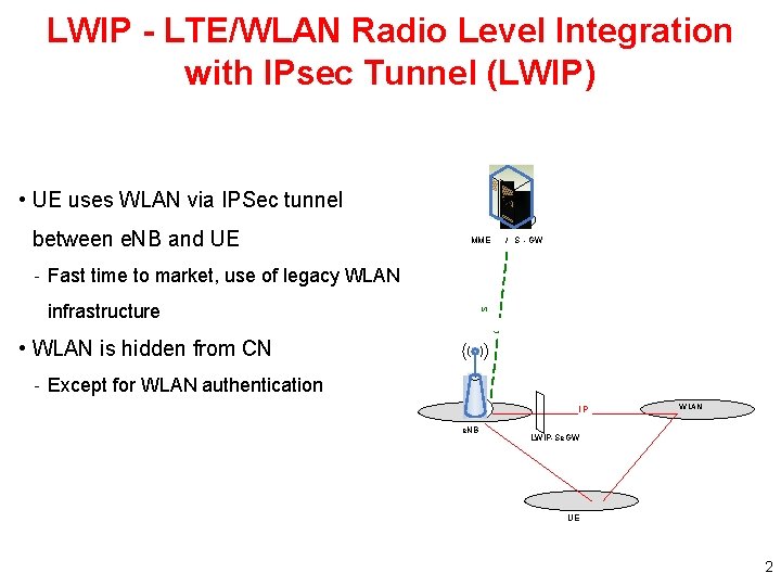 LWIP - LTE/WLAN Radio Level Integration with IPsec Tunnel (LWIP) • UE uses WLAN