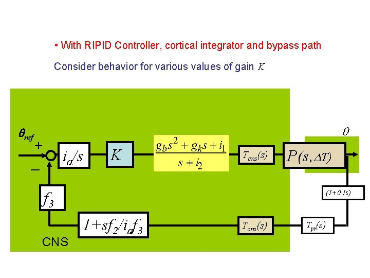  • With RIPID Controller, cortical integrator and bypass path Consider behavior for various