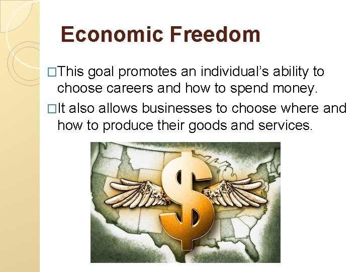 Economic Freedom �This goal promotes an individual’s ability to choose careers and how to