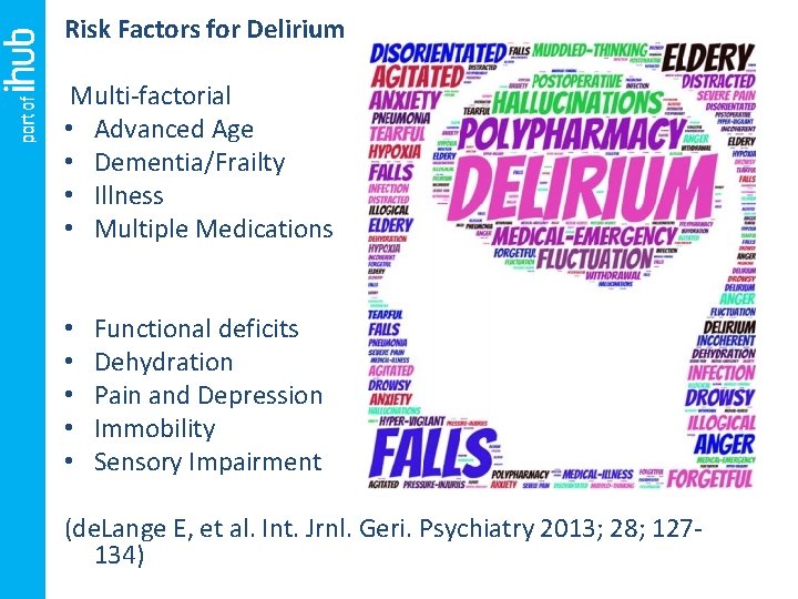 Risk Factors for Delirium Multi-factorial • Advanced Age • Dementia/Frailty • Illness • Multiple