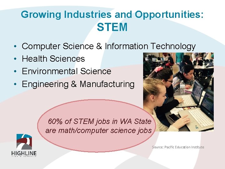 Growing Industries and Opportunities: STEM • • Computer Science & Information Technology Health Sciences