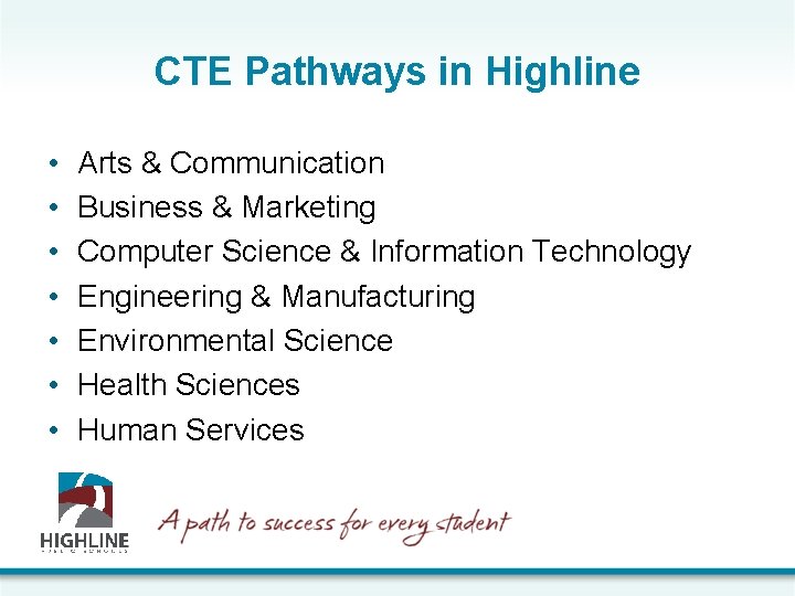 CTE Pathways in Highline • • Arts & Communication Business & Marketing Computer Science