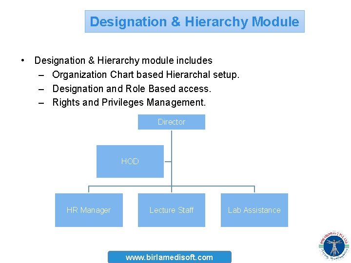 Designation & Hierarchy Module • Designation & Hierarchy module includes – Organization Chart based