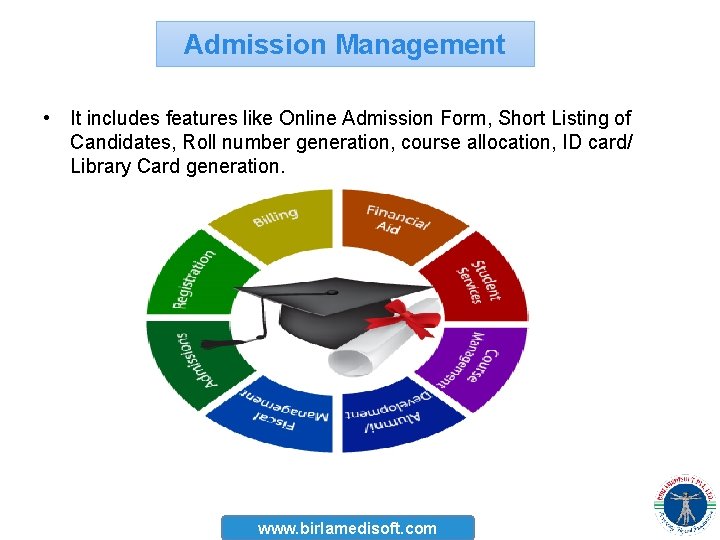 Admission Management • It includes features like Online Admission Form, Short Listing of Candidates,