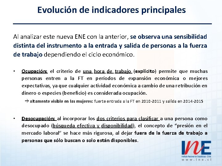 Evolución de indicadores principales Al analizar este nueva ENE con la anterior, se observa