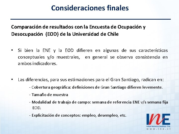 Consideraciones finales Comparación de resultados con la Encuesta de Ocupación y Desocupación (EOD) de