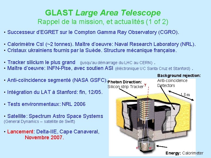 GLAST Large Area Telescope Rappel de la mission, et actualités (1 of 2) •