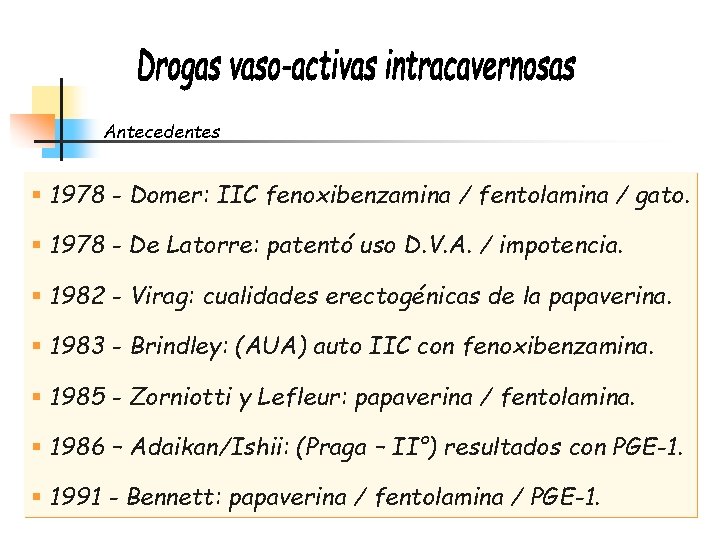 Antecedentes § 1978 - Domer: IIC fenoxibenzamina / fentolamina / gato. § 1978 -