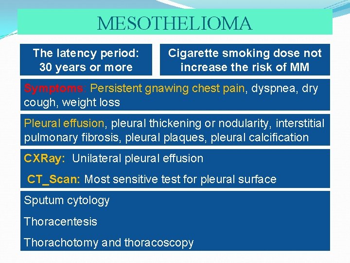 MESOTHELIOMA The latency period: 30 years or more Cigarette smoking dose not increase the