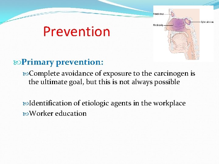 Prevention Primary prevention: Complete avoidance of exposure to the carcinogen is the ultimate goal,