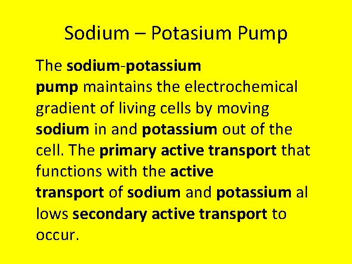 Sodium – Potasium Pump The sodium-potassium pump maintains the electrochemical gradient of living cells