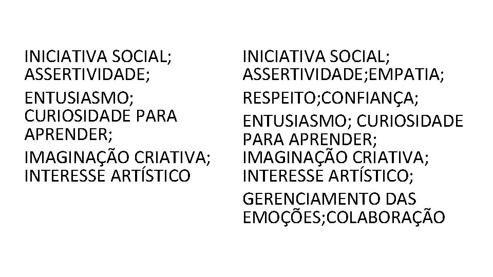INICIATIVA SOCIAL; ASSERTIVIDADE; ENTUSIASMO; CURIOSIDADE PARA APRENDER; IMAGINAÇÃO CRIATIVA; INTERESSE ARTÍSTICO INICIATIVA SOCIAL; ASSERTIVIDADE;