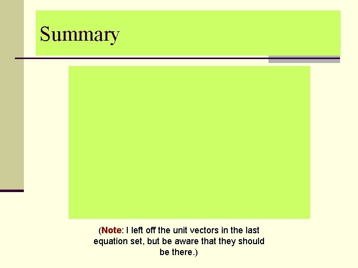 Summary (Note: I left off the unit vectors in the last equation set, but