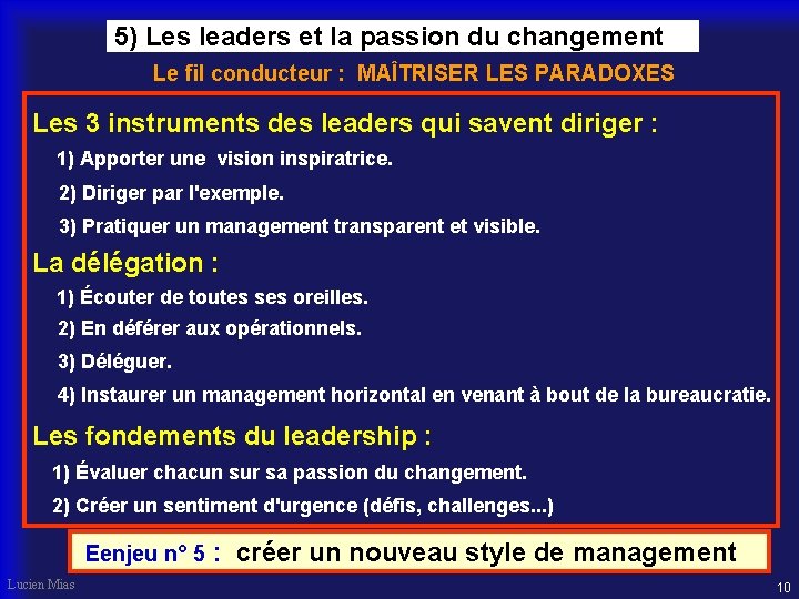  5) Les leaders et la passion du changement Le fil conducteur : MAÎTRISER