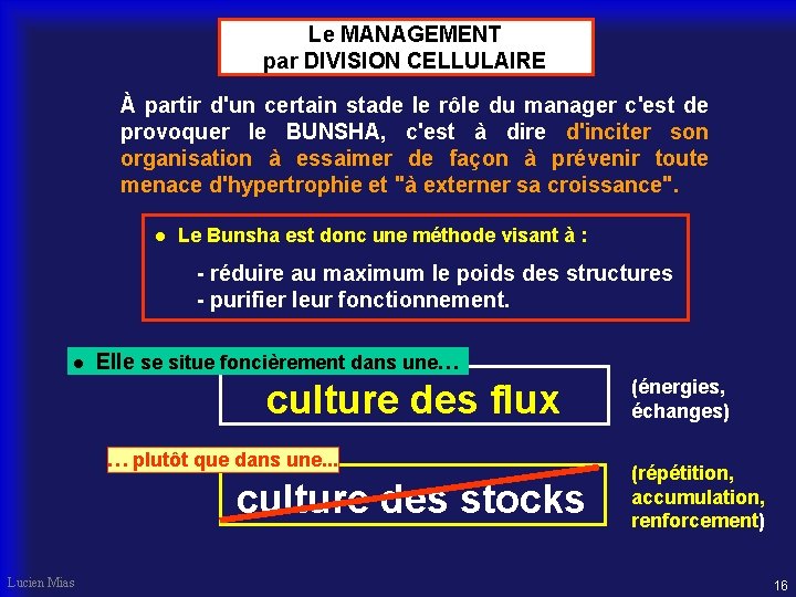 Le MANAGEMENT par DIVISION CELLULAIRE À partir d'un certain stade le rôle du manager