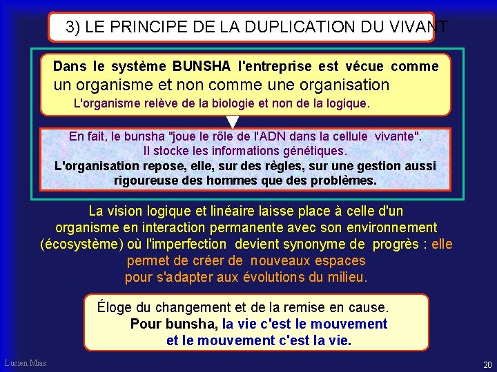 3) LE PRINCIPE DE LA DUPLICATION DU VIVANT Dans le système BUNSHA l'entreprise est