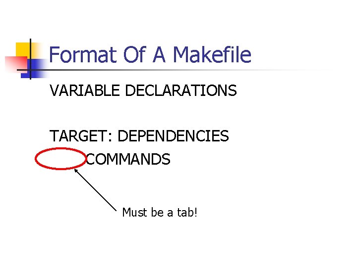 Format Of A Makefile VARIABLE DECLARATIONS TARGET: DEPENDENCIES COMMANDS Must be a tab! 