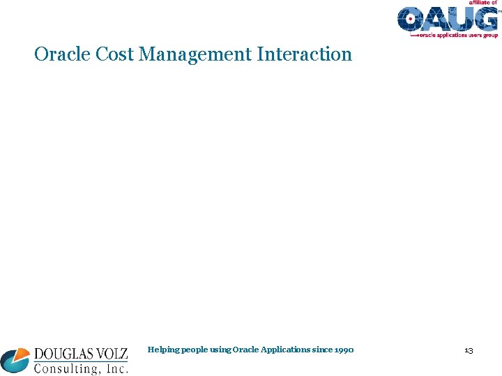 Oracle Cost Management Interaction Helping people using Oracle Applications since 1990 13 Oracle Cost Management Interaction Helping people using Oracle Applications since 1990 13