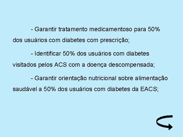 - Garantir tratamento medicamentoso para 50% dos usuários com diabetes com prescrição; - Identificar