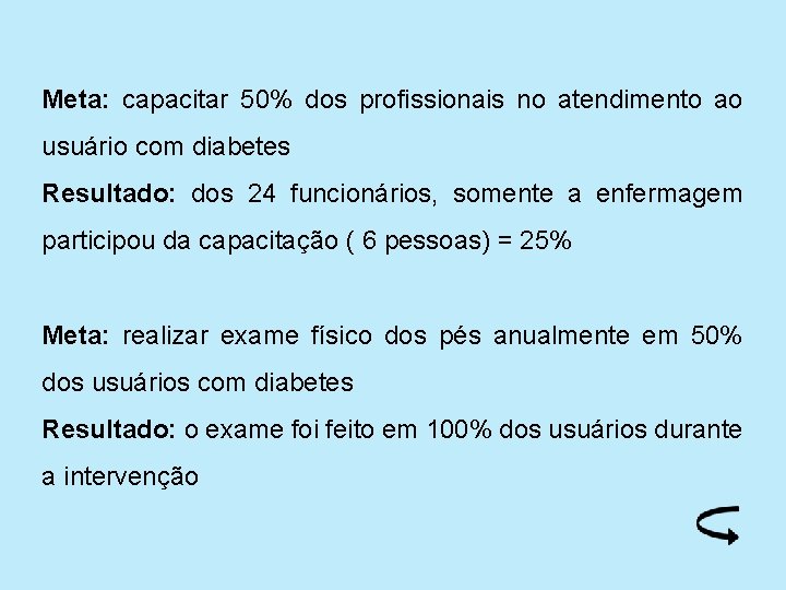 Meta: capacitar 50% dos profissionais no atendimento ao usuário com diabetes Resultado: dos 24