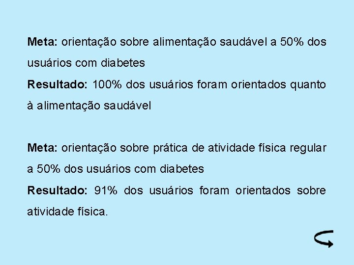 Meta: orientação sobre alimentação saudável a 50% dos usuários com diabetes Resultado: 100% dos