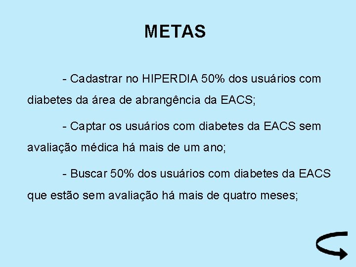 METAS - Cadastrar no HIPERDIA 50% dos usuários com diabetes da área de abrangência