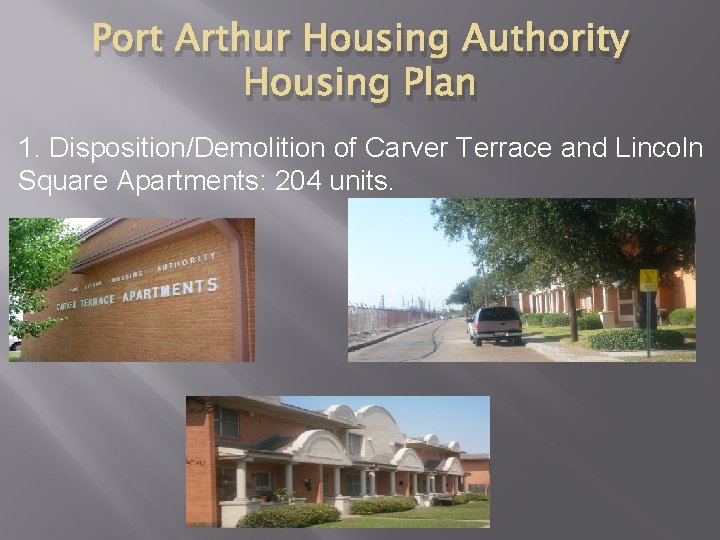 Port Arthur Housing Authority Housing Plan 1. Disposition/Demolition of Carver Terrace and Lincoln Square