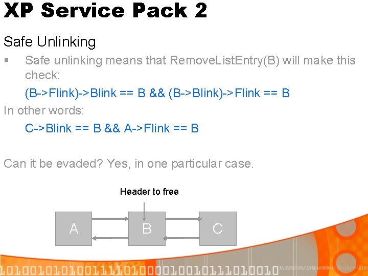 XP Service Pack 2 Safe Unlinking § Safe unlinking means that Remove. List. Entry(B)