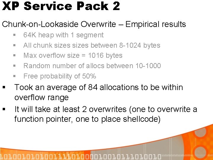 XP Service Pack 2 Chunk-on-Lookaside Overwrite – Empirical results § § § § 64