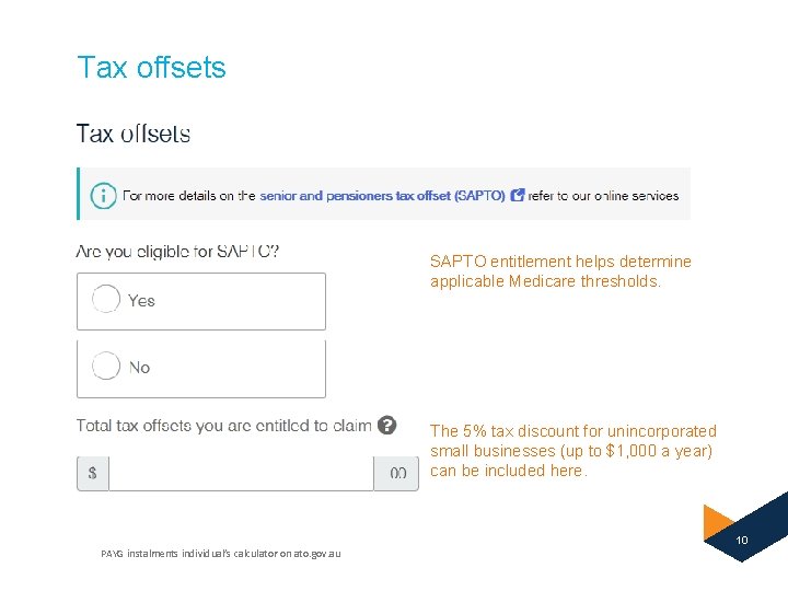 Tax offsets SAPTO entitlement helps determine applicable Medicare thresholds. The 5% tax discount for