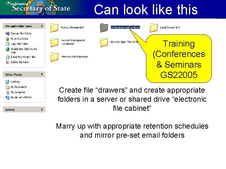 Can look like this Training (Conferences & Seminars GS 22005 Create file “drawers” and