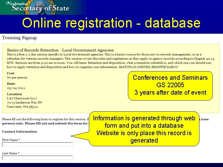 Online registration - database Conferences and Seminars GS 22005 3 years after date of