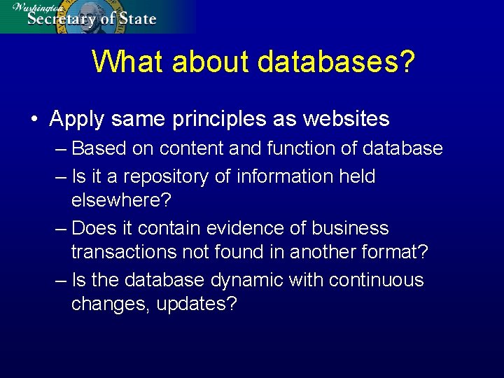 What about databases? • Apply same principles as websites – Based on content and