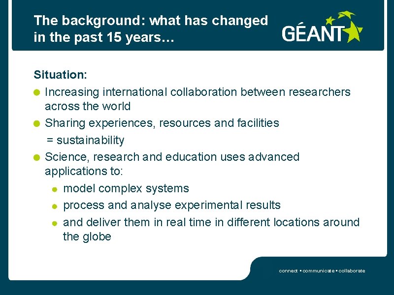 The background: what has changed in the past 15 years… Situation: Increasing international collaboration