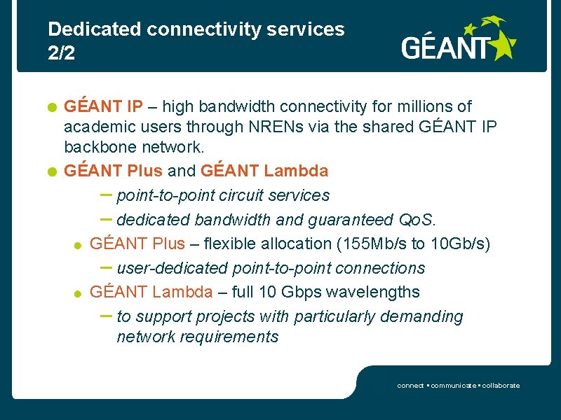 Dedicated connectivity services 2/2 GÉANT IP – high bandwidth connectivity for millions of academic