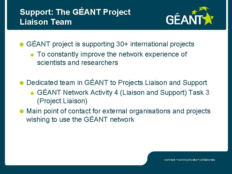 Support: The GÉANT Project Liaison Team GÉANT project is supporting 30+ international projects To