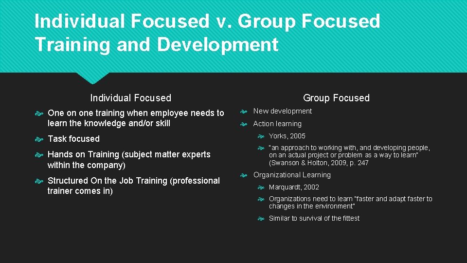 Individual Focused v. Group Focused Training and Development Individual Focused One on one training