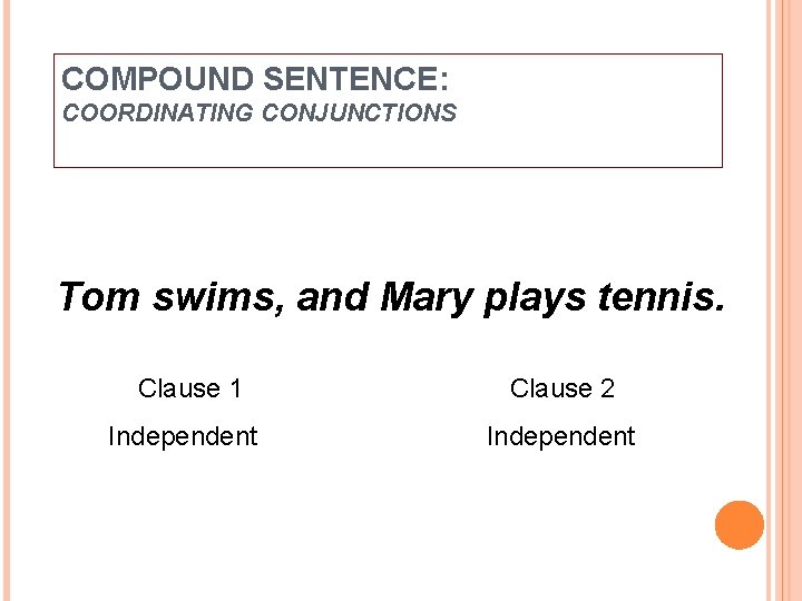 COMPOUND SENTENCE: COORDINATING CONJUNCTIONS Tom swims, and Mary plays tennis. Clause 1 Independent Clause